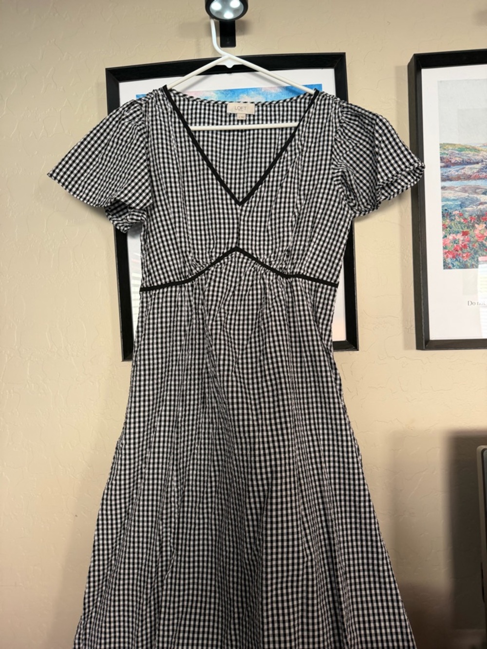 LOFT Black and White Gingham V-Neck Midi Dress